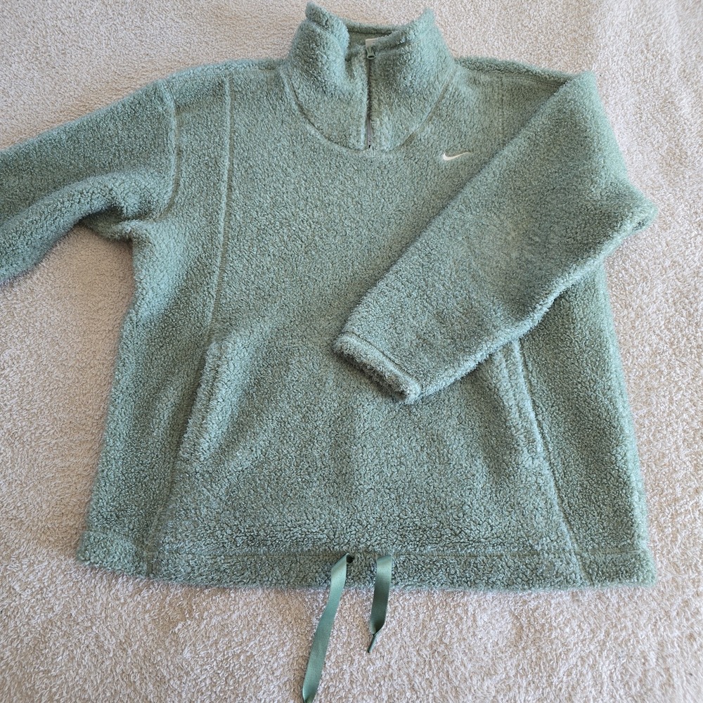 Nike Therma Fit Fleece Pullover Green Oversized Size M 1/4 Zip Tie Waist